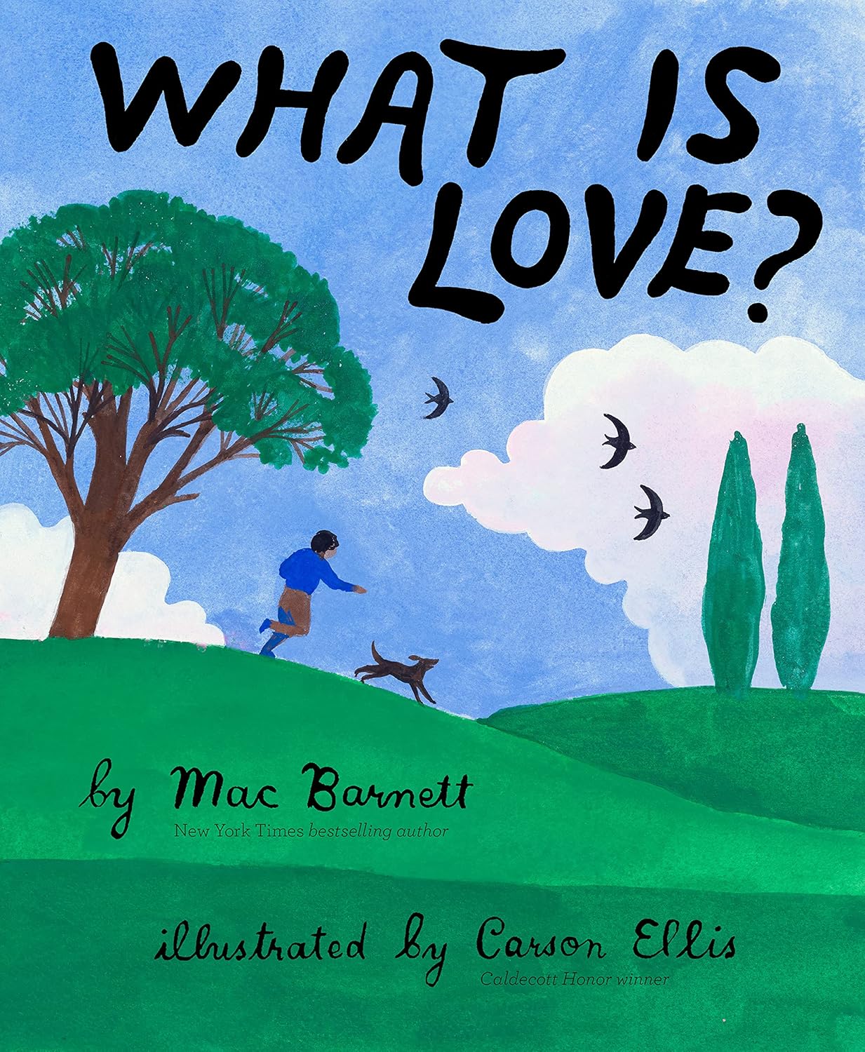 Book cover of 'What is Love?' with a child and dog in a park