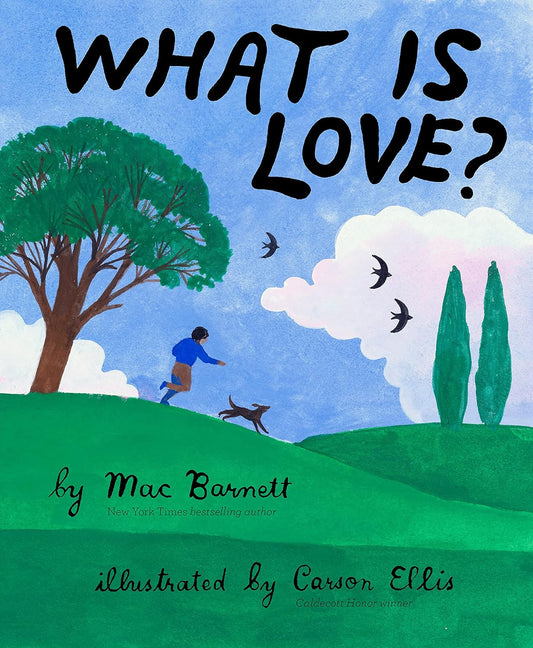 Book cover of 'What is Love?' with a child and dog in a park