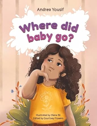Book cover for 'Where did baby go?' featuring an illustration of a young girl with a thoughtful expression, in a yellow top, with a stylized background.