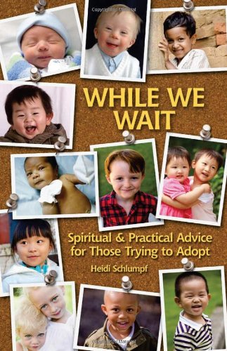 Book cover of 'While We Wait' with photos of children pinned to a board.