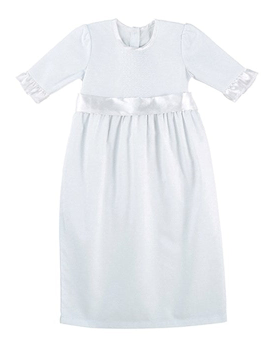 A white satin baptism gown with long sleeves and a ribbon tie at the waist.