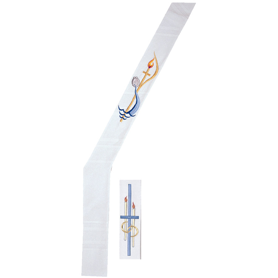 Decorative white strip with religious symbols on a white background