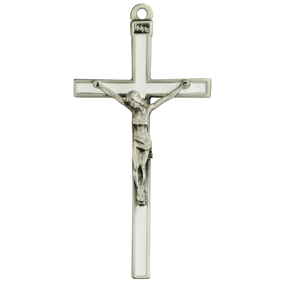 A silver-colored white enamel cross with a crossbar, featuring an image of a crucified man at the center, mounted on a plain background.