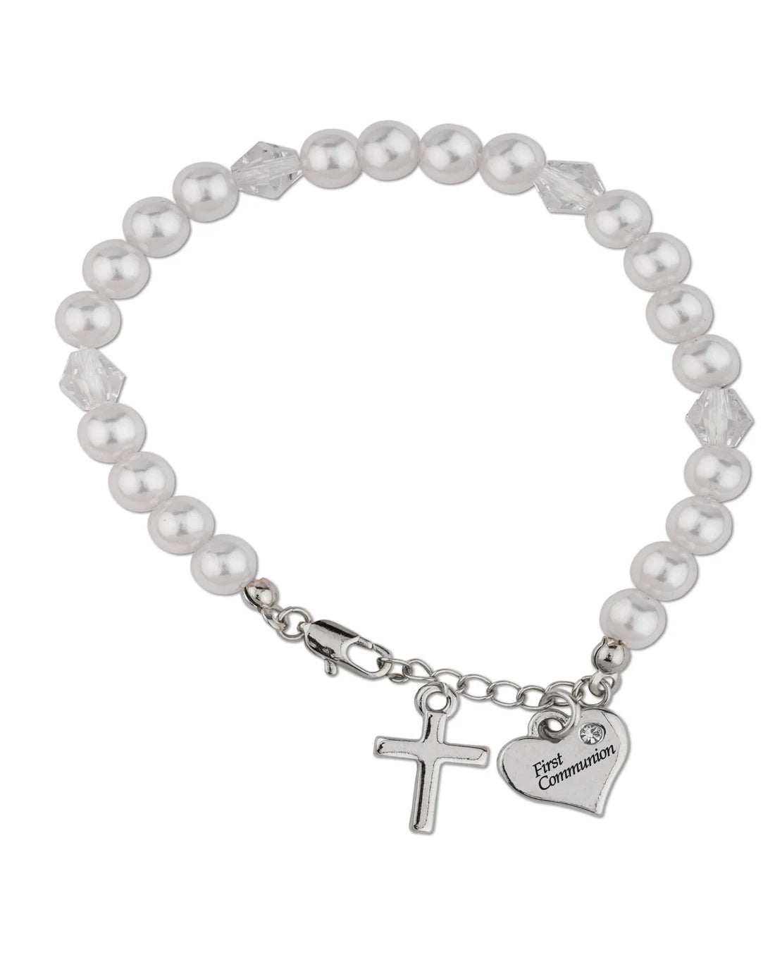 Pearl bracelet with a cross and 'First Communion' heart charm on a white background