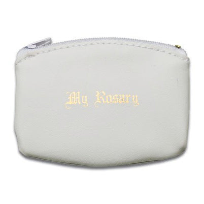 White pouch with 'My Rosary' text on a white background