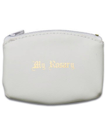 White pouch with 'My Rosary' text on a white background