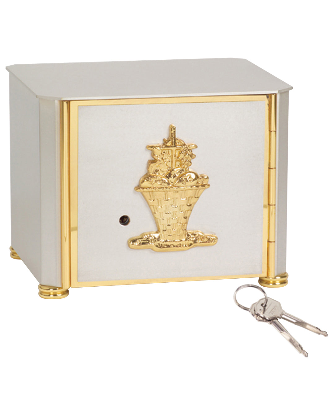 Decorative white box with gold accents and a key on a white background