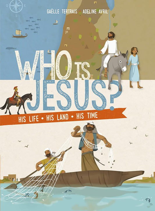 Book cover of 'Who is Jesus?' with illustrations of a man on horseback, a donkey, and people in a boat.