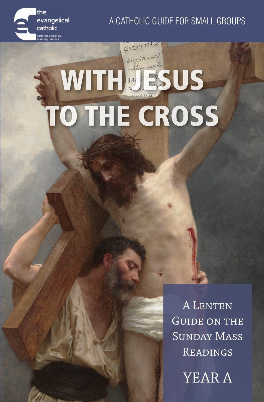 Book cover of 'With Jesus to the Cross' featuring a religious illustration of a man carrying a cross.