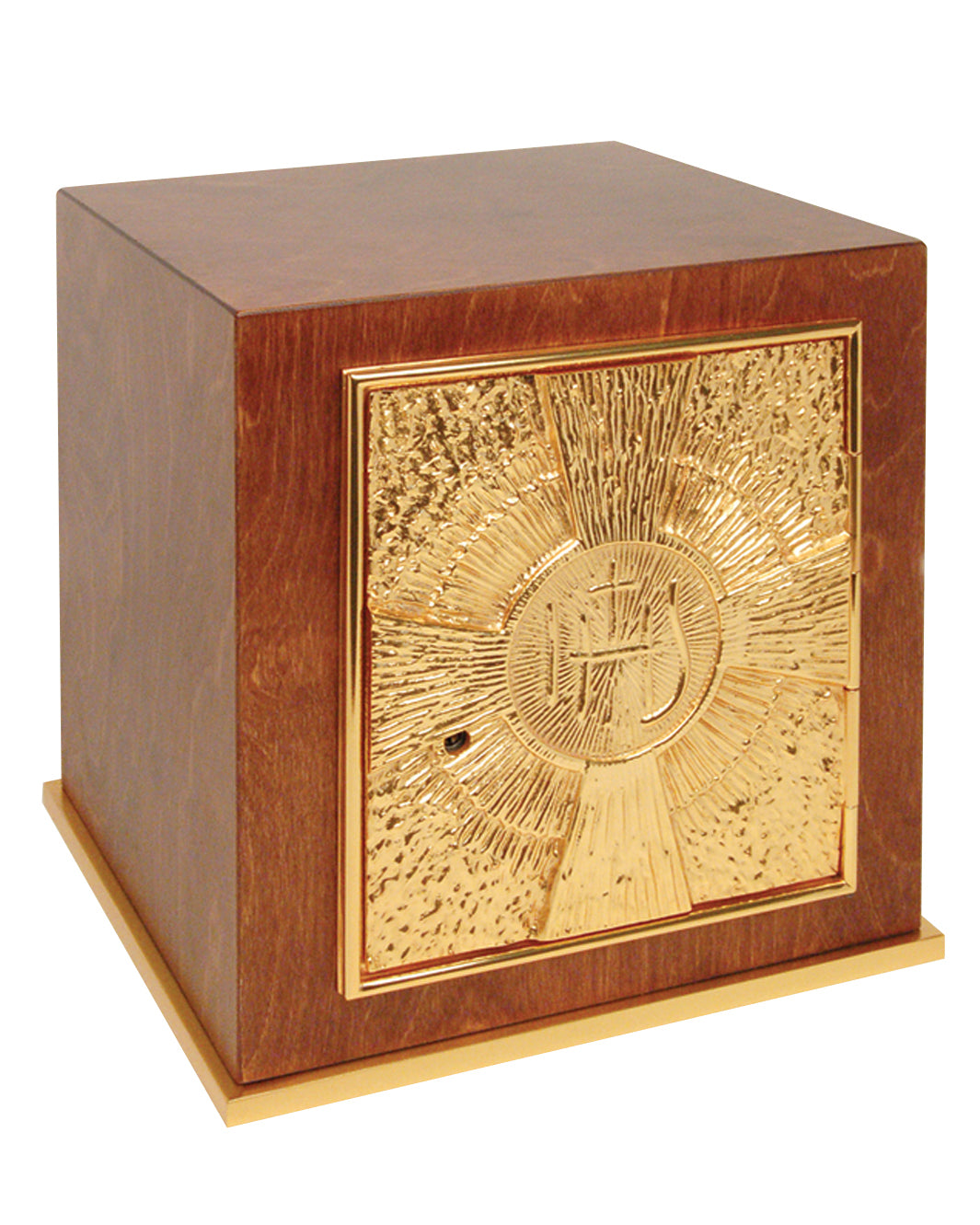 A wooden cube-shaped cremation urn with a polished gold metallic front panel featuring a radiant sunburst design and an embossed Chi-Rho symbol, shown on a plain white background.