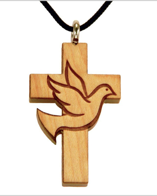 Wooden cross pendant with a dove design on a white background