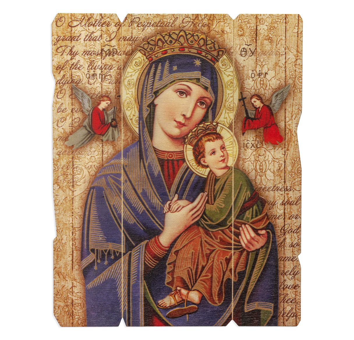 Decorative card with religious illustration of a woman holding a child, surrounded by angels and text.
