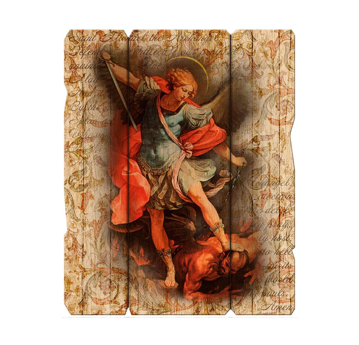 Decorative panel with classical painting of a woman in a red cloak and a man on a horse, surrounded by text.