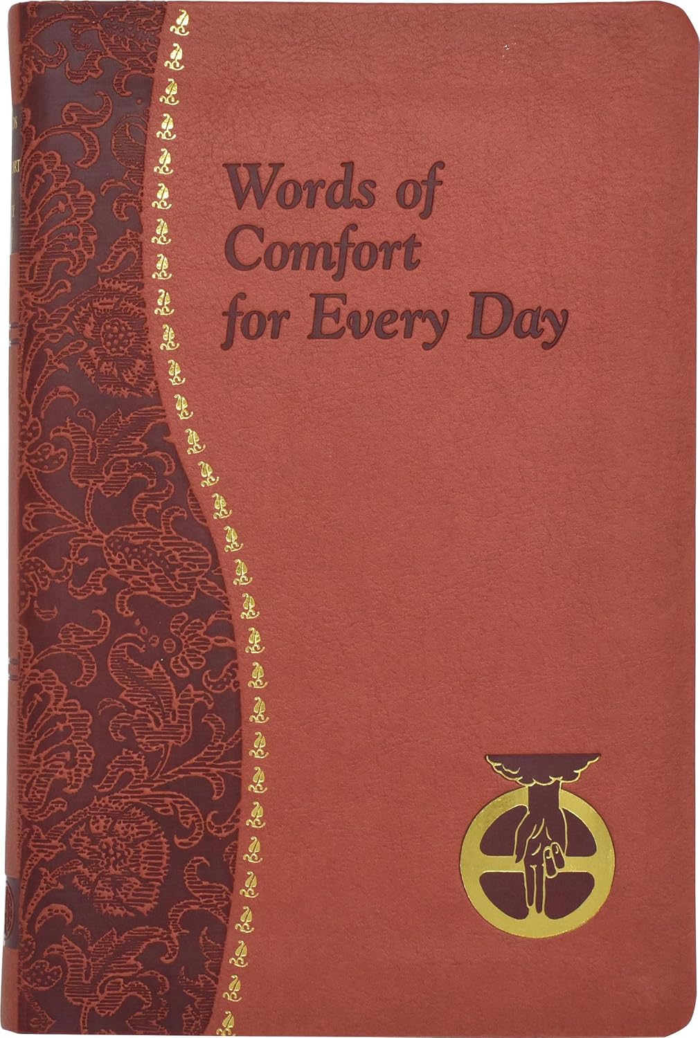 Red notebook with decorative spine and text 'Words of Comfort for Every Day' on a white background