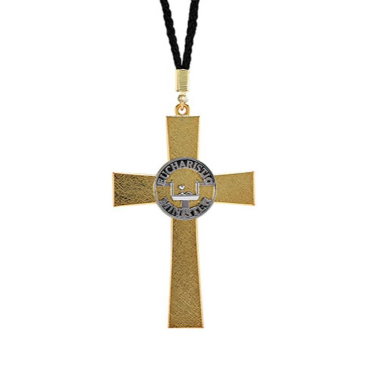 A gold-colored cross pendant with the inscription 'Eucharistic Minister' and traditional service symbols, suspended from a black cord.