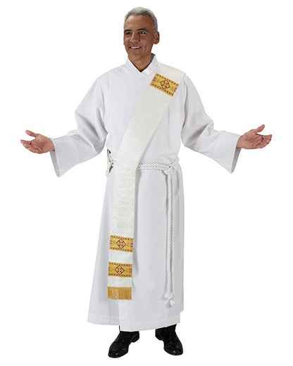 Man wearing a white robe with gold accents on a white background