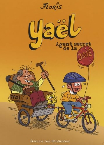 Cartoon illustration of an older man in a taxi and a child on a bike with a balloon, set against a yellow background.