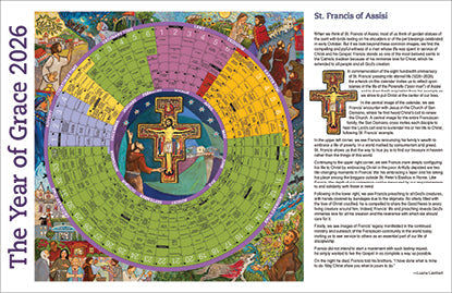 Liturgical calendar with religious symbols and text on a colorful background