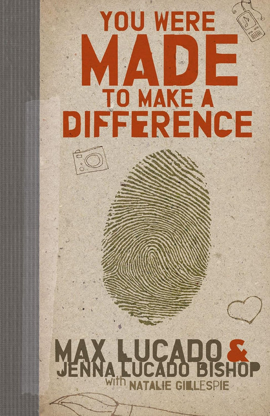 Book cover for 'You Were Made to Make a Difference' by Max Lucado and Jenna Lucado Bishop with Natalie Gillespie, featuring a textured beige background, a large green fingerprint graphic, and bold orange and dark brown text.