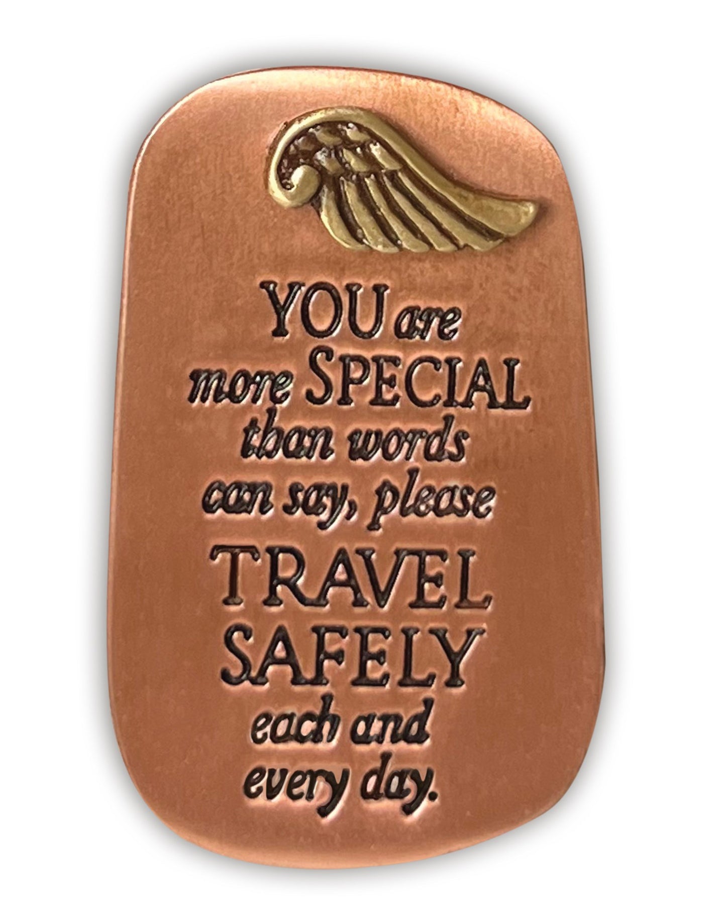 Copper plaque with engraved message and gold angel wing design on a white background