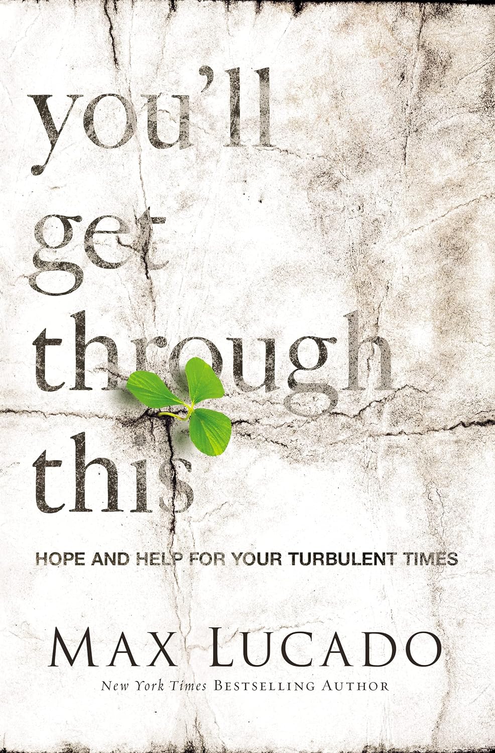 Book cover with text 'you'll get through this' and a green leaf on a textured background
