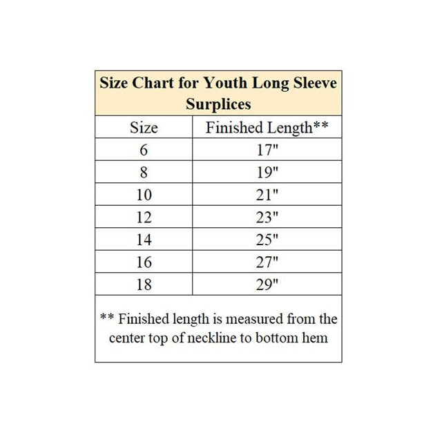 Size chart for youth long sleeve surpluses with finished length measurements.