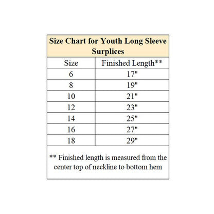 Size chart for youth long sleeve surpluses with finished length measurements.
