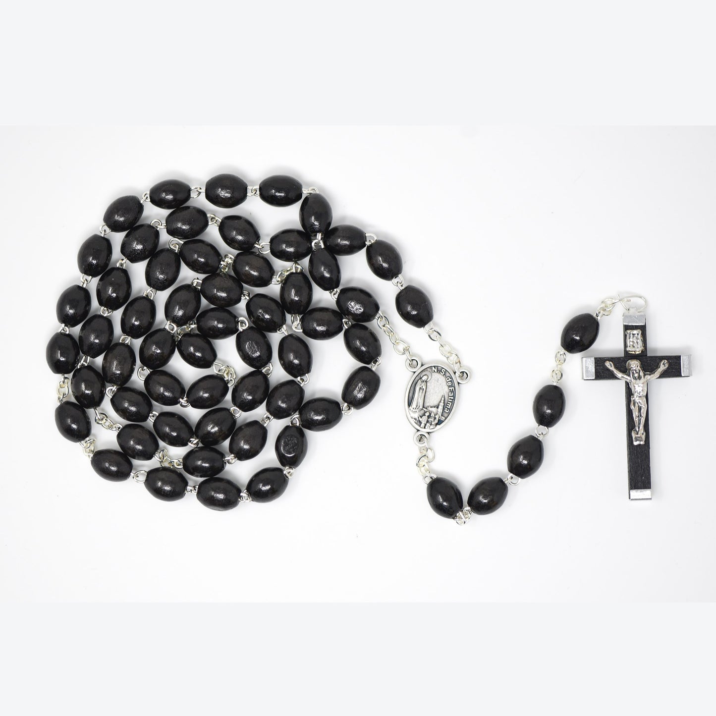 Black rosary with a cross on a white background