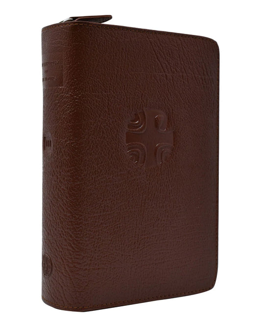 Brown leather wallet with a cross emblem on a white background