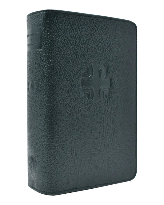 Black leather-bound book with embossed design on a white background