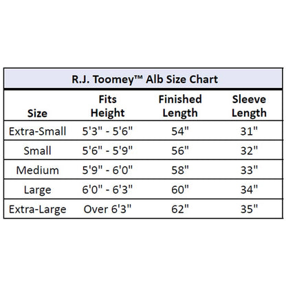 R.J. Toomey Alb Size Chart on a white background