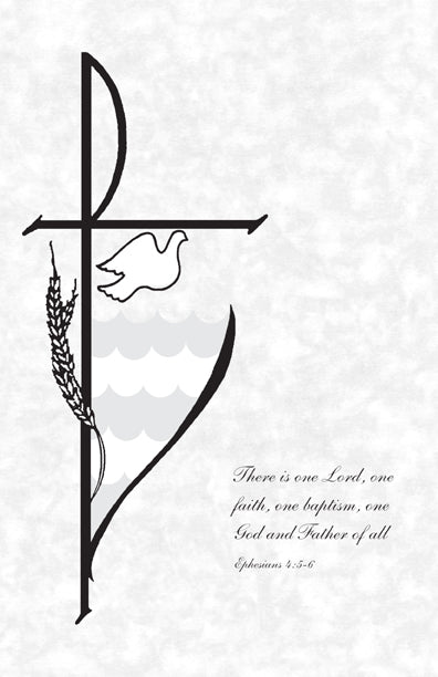 Black and white illustration of a cross with a dove, wheat, and a banner on a light gray background.