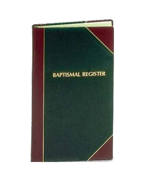 Green Baptismal Register book with red binding on a white background