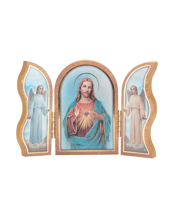Triptyque Cœur de Jésus Debout en Bois Naturel 3,5 po