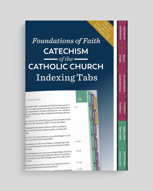 Catechism of the Catholic Church indexing tabs with colorful tabs on a gray background