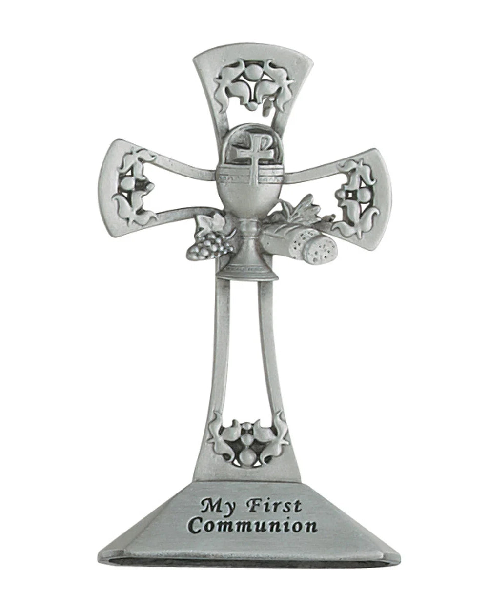 Decorative cross with 'My First Communion' text on a white background