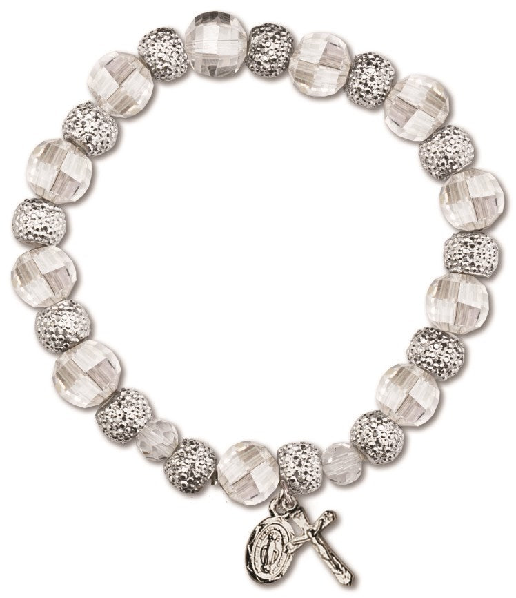 Pulsera elástica de cristal con crucifijo y medalla milagrosa