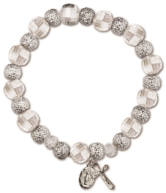 Bracelet extensible en cristal avec crucifix et médaille miraculeuse