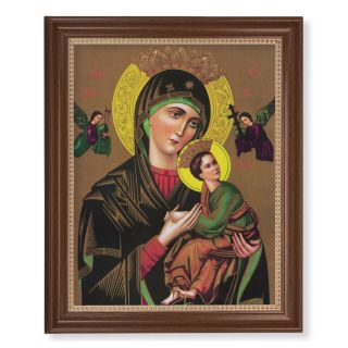 A framed religious icon painting depicting the Virgin Mary holding the infant Jesus, with gold halos and two angels in the background, enclosed in a dark brown wooden frame.