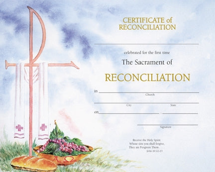 Certificate of Reconciliation with religious symbols on a blue sky background