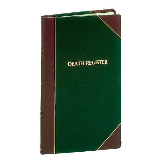 Green and brown book titled 'DEATH REGISTER' on a white background
