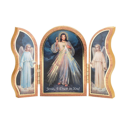 Triptyque de la Miséricorde Divine en bois naturel