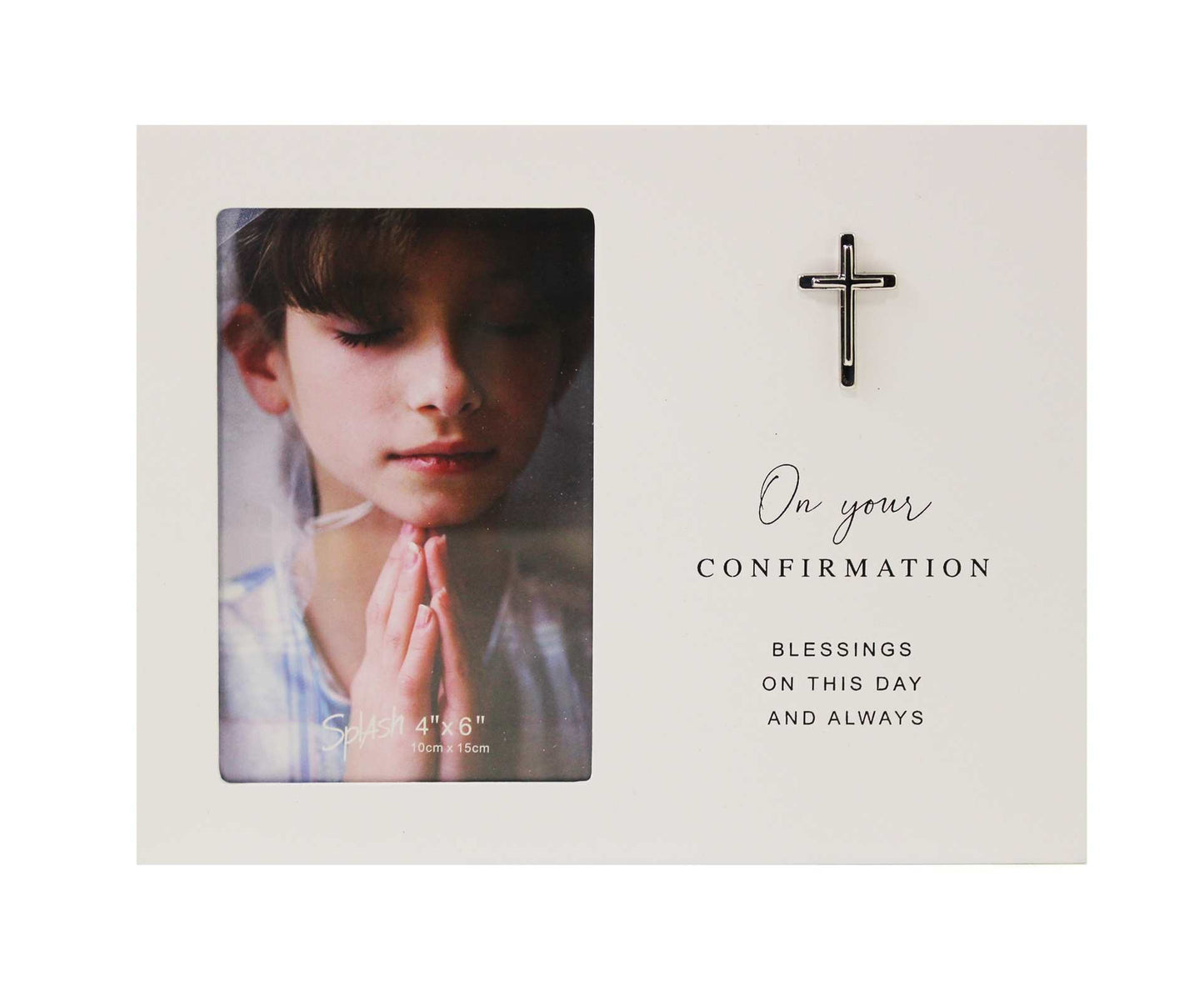 Photo frame with a young boy's portrait and religious text on a white background
