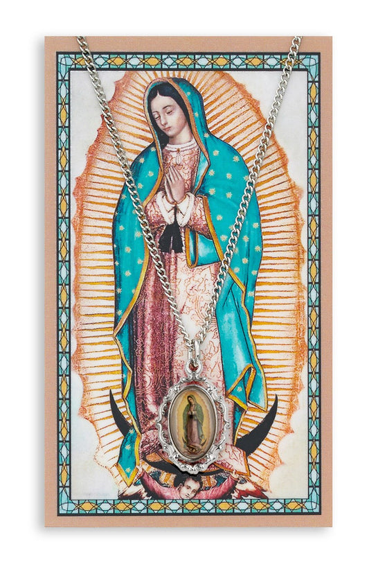 Card with an image of a religious figure and a necklace on a white background