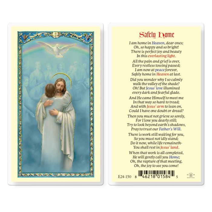A holy card featuring an illustration of Jesus Christ embracing a figure in white, with a poem titled 'Safely Home' in the background.