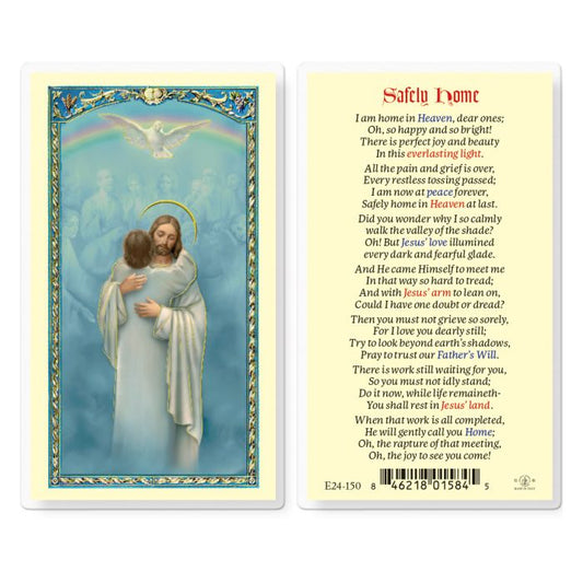A holy card featuring an illustration of Jesus Christ embracing a figure in white, with a poem titled 'Safely Home' in the background.