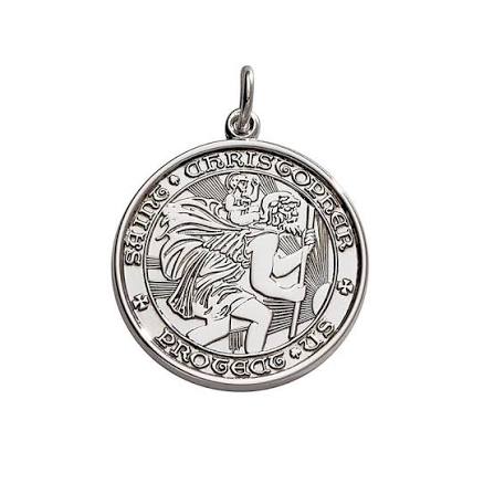 A round sterling silver medal pendant featuring an engraved depiction of Saint Christopher, with the Latin inscription 'FATUM CHRISTO GODI' and 'PROTECT US' around the border, shown on a plain white background.