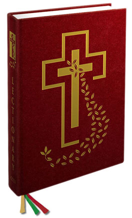 Red book with gold cross and leaf design on a red background