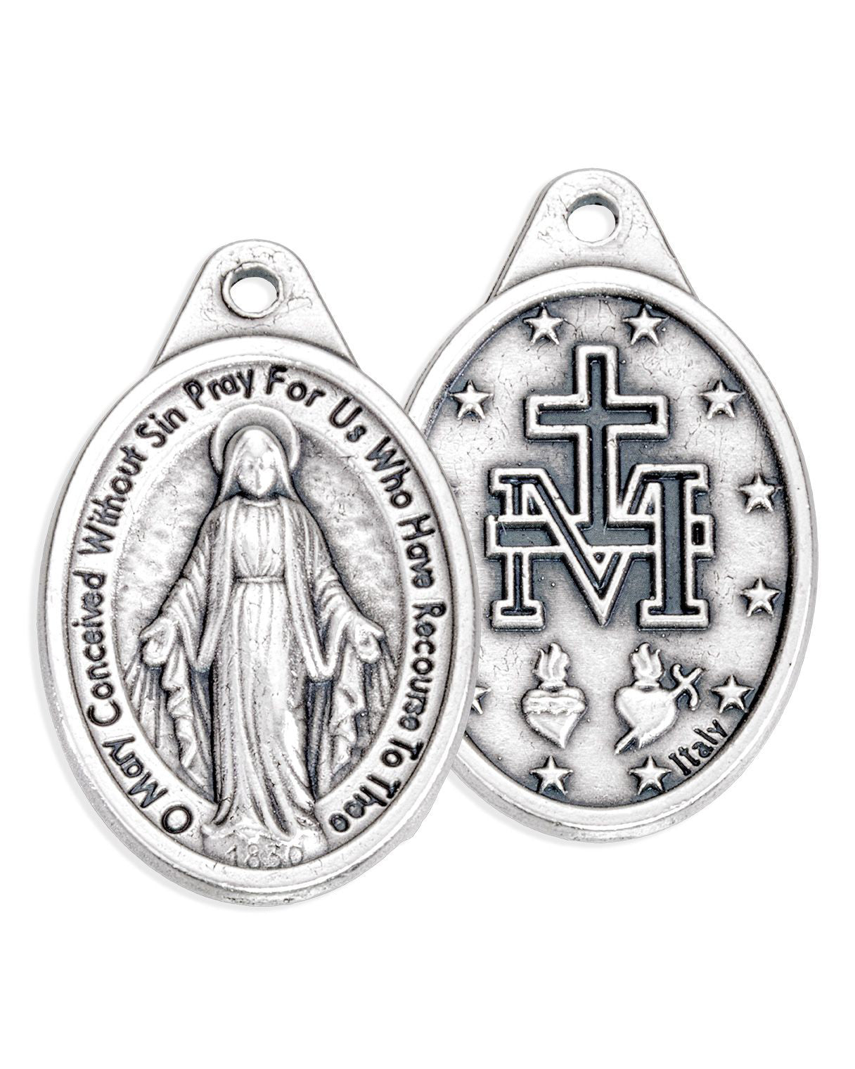 Silver religious pendant with engraved text and symbols on a white background