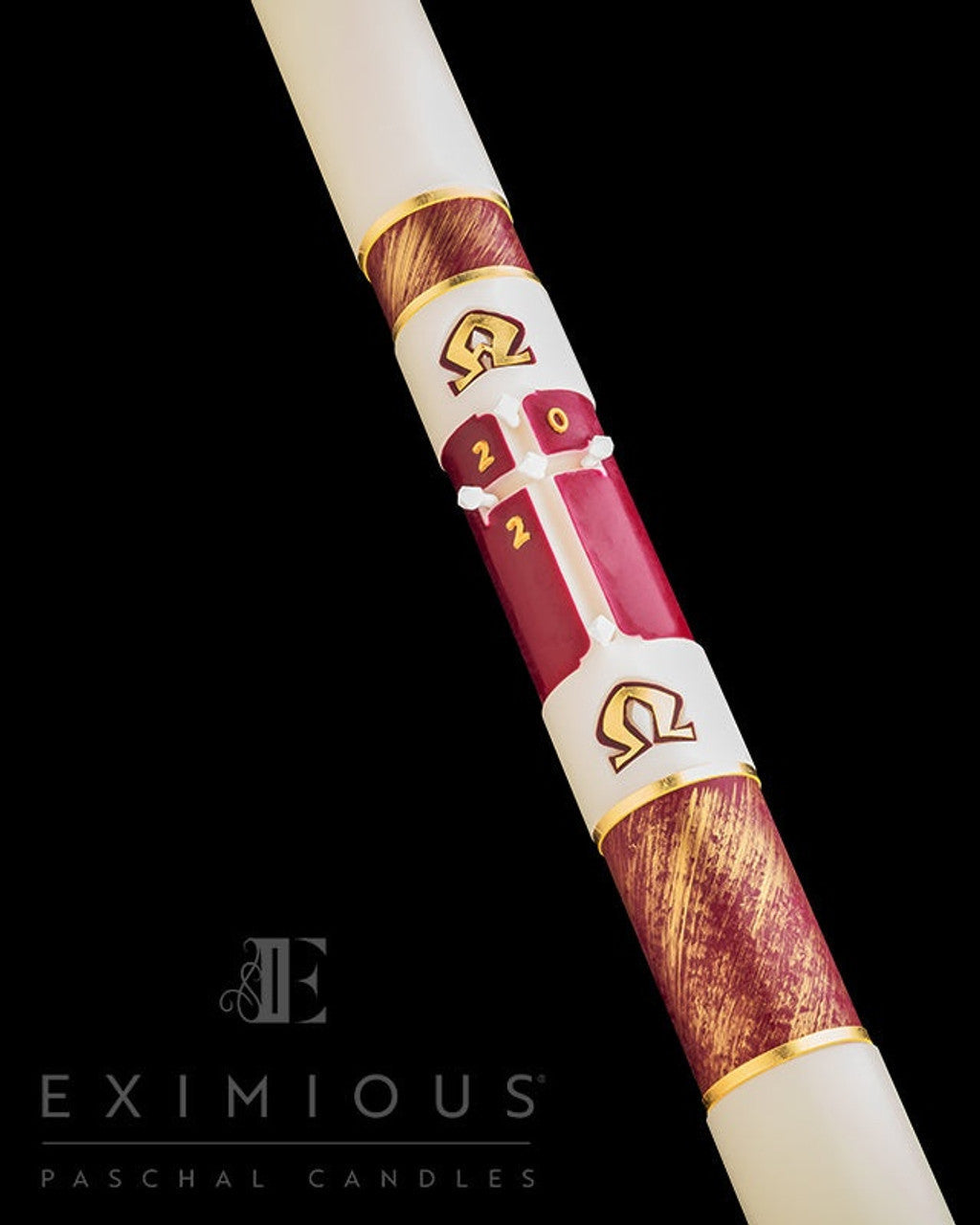 Decorative Paschal candle with maroon and gold design on a white background, branded 'Eximious'.